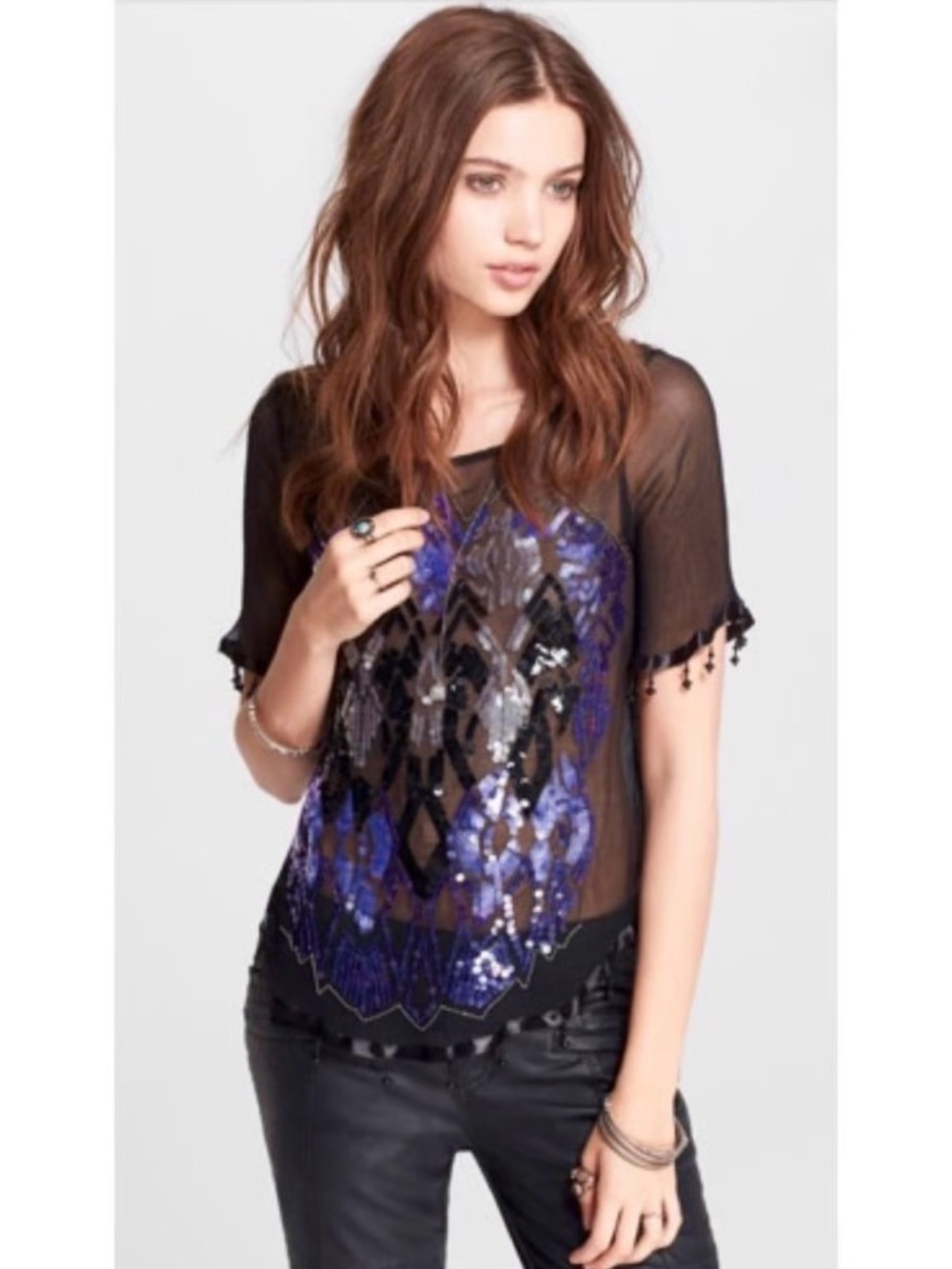 Free People Beaded Sequin Sheer Top Black Blue Embellished Small